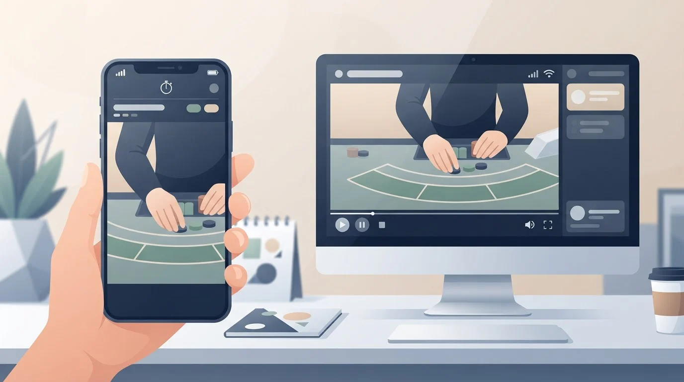 Illustrazione editoriale di un tavolo live dealer generico visualizzato su smartphone e desktop