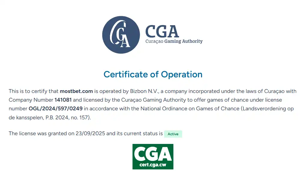 Certificato CGA relativo a mostbet.com e Bizbon N.V.